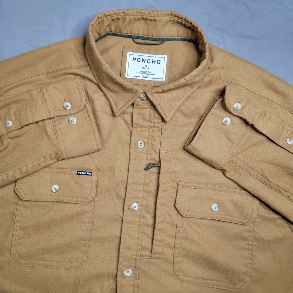 Poncho The Palo Duro Flannel Shirt Men's XL Brown Slime Fit Magnetic Pockets LS